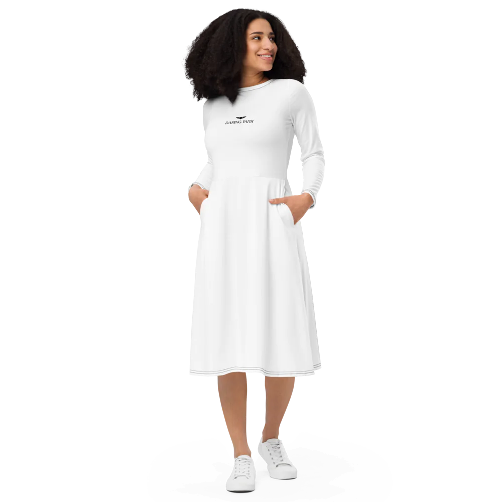 Modest and Stylish White Dress With Black Stitching
